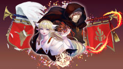Rule 34 | 1boy, 1girl, banner, blonde hair, braid, brown background, brown gloves, cloak, ezel the king of fire and iron, falia the queen of the mountains, gloves, gradient background, hand up, headpiece, hood, hooded cloak, horn (instrument), long hair, looking at viewer, m urusaki, multicolored hair, pixiv fantasia, pixiv fantasia last saga, pointy ears, purple eyes, red eyes, simple background, streaked hair, twin braids, upper body, white hair, white wings, wide sleeves, wings