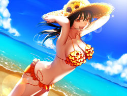 Rule 34 | 1girl, :d, arkray, armpits, arms up, bad id, bad pixiv id, bare shoulders, beach, bikini, black hair, breasts, cleavage, collarbone, day, female focus, floating hair, flower, frilled bikini, frills, from side, hat, hat flower, horizon, large breasts, looking at viewer, ocean, open mouth, orange bikini, original, outdoors, red eyes, sand, shore, side-tie bikini bottom, smile, solo, standing, straw hat, sunflower, sunlight, swimsuit, water, wind