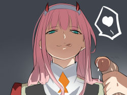 Rule 34 | 10s, 1girl, :9, closed mouth, cum, darling in the franxx, gradient background, green eyes, hairband, handjob, heart, licking lips, long hair, looking at viewer, naughty face, nier (artist), penis, pink hair, simple background, smile, tongue, tongue out, uncensored, upper body, zero two (darling in the franxx)