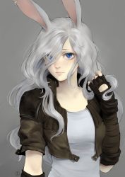 Rule 34 | 1girl, animal ears, black gloves, blue eyes, blush, borrowed character, commission, cropped jacket, detached sleeves, eyelashes, fingerless gloves, gloves, hand in own hair, highres, lips, long hair, looking at viewer, nat the lich, nose, original, pale skin, rabbit ears, silver hair, simple background, solo, wavy hair