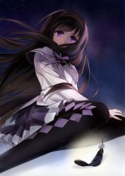 Rule 34 | 10s, 1girl, akemi homura, argyle, argyle clothes, argyle legwear, black feathers, black hair, black pantyhose, blouse, capelet, feathers, from below, from side, glowing, hairband, hand on own knee, head tilt, highres, inuko (redconstellation), long hair, long sleeves, magical girl, mahou shoujo madoka magica, mahou shoujo madoka magica (anime), neck ribbon, outdoors, pantyhose, pleated skirt, purple eyes, purple ribbon, ribbon, shirt, sitting, skirt, solo, very long hair, white shirt, wind