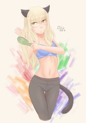 Rule 34 | 1girl, animal ears, black pantyhose, blonde hair, blush, breasts, cat ears, cat tail, closed mouth, female focus, glasses, long hair, navel, panties, panties under pantyhose, pantyhose, perrine h. clostermann, small breasts, solo, strike witches, tail, underwear, white panties, world witches series, yellow eyes