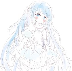 Rule 34 | 1girl, absurdres, bad id, bad pixiv id, blue eyes, blue hair, blush, bow, closed mouth, detached sleeves, dress, frilled dress, frills, hair bow, hair ornament, hairclip, heart, heart hair ornament, highres, long hair, long sleeves, original, simple background, smile, solo, strapless, strapless dress, tsukiyo (skymint), twintails, very long hair, white background