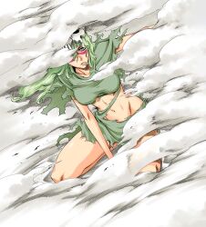 Rule 34 | absurdres, arm support, bleach, breasts, expressionless, green hair, highres, hollow (bleach), kneeling, large breasts, long hair, navel, nelliel tu odelschwanck, shirt, skull, smoke, solo, torn clothes, torn shirt, underboob