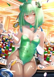 Rule 34 | 1girl, absurdres, animal ears, bare shoulders, bow, bowtie, breasts, commentary request, covered navel, detached collar, double bun, fishnet pantyhose, fishnets, green hair, green nails, grin, hair bun, hair ornament, highres, hololive, huge filesize, leotard, looking at viewer, nail polish, pantyhose, playboy bunny, poker chip, rabbit ears, revision, rushian, sitting, small breasts, smile, solo, uruha rushia, virtual youtuber, wrist cuffs