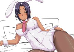 Rule 34 | 1girl, animal ears, arm support, bare shoulders, bed, between breasts, black hair, black pantyhose, blush, border break, breasts, brown eyes, cleavage, cowboy shot, dark-skinned female, dark skin, detached collar, earrings, embarrassed, fake animal ears, frown, hairband, hand on own hip, hip focus, hoop earrings, indoors, jewelry, large breasts, leotard, looking away, lying, navel, necktie, necktie between breasts, on side, pantyhose, partially colored, pillow, playboy bunny, player character (border break), rabbit ears, raised eyebrows, reisei type, sap, sega, short hair, solo, strapless, strapless leotard, taut clothes, wavy mouth, wrist cuffs