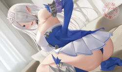 Rule 34 | 1girl, ass, blue dress, blue eyes, blush, breasts, detached sleeves, dress, duel monster, fins, grey hair, hair over one eye, head fins, highres, large breasts, long hair, looking at viewer, looking back, open mouth, panties, sample watermark, second-party source, siren (mythology), sleeves past wrists, solo, squatting, suzuame yatsumi, tearlaments havnis, tiara, underwear, watermark, yu-gi-oh!