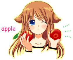 Rule 34 | 1girl, apple, food, fruit, holding, holding food, holding fruit, kurumu, lowres, miyashiro karin, solo, suigetsu