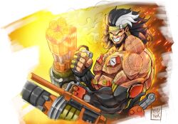 Rule 34 | 1boy, absurdres, arm tattoo, armor, bara, bare pectorals, beard, black hair, chest tattoo, commentary, earrings, english commentary, facial hair, fingerless gloves, gatling gun, gloves, highres, holding, holding weapon, jewelry, large pectorals, male focus, mature male, mauga (overwatch), muscular, muscular male, noube nox, overwatch, overwatch 2, pectorals, sketch, smile, smoke, solo, tattoo, thick arms, topless male, upper body, v-shaped eyebrows, weapon