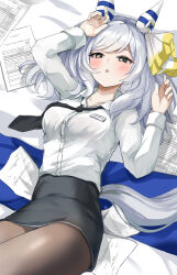 Rule 34 | 1girl, alternate costume, animal ears, bed, breasts, brown eyes, collarbone, grey hair, hair ornament, hanamura pink, highres, hishi miracle (umamusume), horse ears, horse girl, horse tail, jewelry, looking at viewer, medium breasts, necklace, open mouth, pantyhose, paper, secretary, solo, tail, umamusume, uniform
