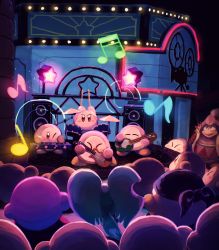 Rule 34 | band, bandana, bandana waddle dee, brown eyes, dark background, elfilin, closed eyes, from behind, highres, instrument, king dedede, kirby, kirby (series), kirby and the forgotten land, light, movie theater, music, musical note, night, nintendo, no humans, no mouth, one eye closed, open mouth, sound wave, suyasuyabi, waddle dee
