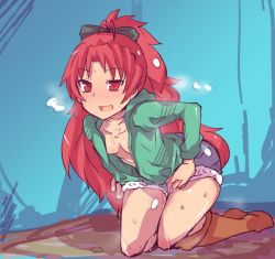 1girl blush bow breasts collarbone gedou_danshaku hair_bow kneeling legs_together looking_at_viewer mahou_shoujo_madoka_magica open_clothes open_mouth open_shirt ponytail red_eyes red_hair sakura_kyoko short_shorts shorts small_breasts socks solo sweater