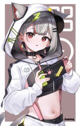 Rule 34 | 1girl, animal ear fluff, animal ears, black collar, breasts, brown background, cat ears, cat girl, cat tail, collar, collarbone, commentary request, crop top, drawstring, earrings, ears through headwear, fang, grey hair, hair ornament, hairclip, hands up, heart, highres, holding, hood, hood up, jewelry, long sleeves, looking at viewer, medium breasts, midriff, multicolored hair, nanana narang, navel, neneko mashiro, nintendo switch, pants, parted lips, puffy long sleeves, puffy sleeves, red eyes, red hair, shrug (clothing), sleeves past wrists, solo, stellive, streaked hair, tail, two-tone background, virtual youtuber, white background, white pants