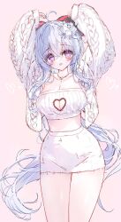 Rule 34 | 1girl, :d, ahoge, arms up, blue hair, blush, breasts, cleavage, cleavage cutout, clothing cutout, commentary, crop top, flower, ganyu (genshin impact), genshin impact, groin, hair between eyes, hair flower, hair ornament, heart, heart cutout, highres, horns, jacket, long hair, long sleeves, looking at viewer, medium breasts, midriff, open clothes, open jacket, open mouth, pink background, puffy long sleeves, puffy sleeves, purple eyes, simple background, skirt, sleeves past wrists, smile, solo, tandohark, very long hair, white flower, white jacket, white skirt