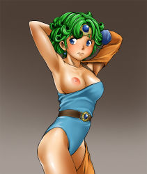 Rule 34 | 1girl, armpits, arms behind head, arms up, belt, blue eyes, breast slip, breasts, chunsoft, curly hair, dragon quest, dragon quest iv, earrings, enix, green hair, heroine (dq4), jewelry, large breasts, leotard, nipples, one breast out, sandansu, short hair, solo, tan