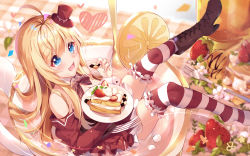 Rule 34 | 1girl, :d, absurdres, ahoge, blonde hair, blue eyes, blurry, blurry background, blush, boots, breasts, brown dress, brown footwear, brown hat, brown sleeves, cake, cake slice, checkerboard cookie, chocolat (noucome), cleavage, commentary request, cookie, cross-laced footwear, cup, depth of field, detached sleeves, dress, flower, food, fork, frilled thighhighs, frills, fruit, hat, heart, high heel boots, high heels, highres, holding, holding food, huge filesize, in container, in cup, juliet sleeves, knee boots, lace-up boots, long hair, long sleeves, medium breasts, mini hat, mini person, mini top hat, minigirl, nahaki, open mouth, ore no nounai sentakushi ga gakuen love-comedy wo zenryoku de jama shiteiru, petals, petals on liquid, plaid, puffy sleeves, shoes, single boot, single shoe, smile, solo, strapless, strapless dress, strawberry, striped clothes, striped thighhighs, thighhighs, thighhighs under boots, tilted headwear, top hat, very long hair, white flower