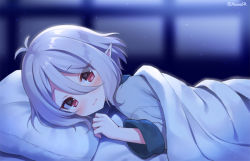 Rule 34 | 1girl, antenna hair, bed sheet, blurry, blurry background, blush, closed mouth, commentary request, depth of field, grey shirt, hair between eyes, hand up, kokkoro (princess connect!), long sleeves, looking at viewer, lying, mauve, on bed, on stomach, pillow, pointy ears, pov across bed, princess connect!, red eyes, shirt, silver hair, smile, solo, twitter username, under covers, upper body