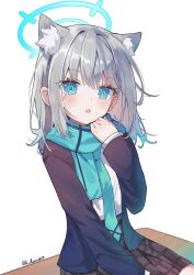 Rule 34 | 1girl, :o, animal ear fluff, animal ears, blazer, blue archive, blue eyes, blue scarf, blush, cat ears, desk, extra ears, grey hair, hair ornament, halo, hand up, highres, jacket, long sleeves, looking at viewer, luna (luna610), medium hair, mismatched pupils, open clothes, open jacket, open mouth, parted lips, plaid, plaid skirt, pleated skirt, scarf, school desk, school uniform, shiroko (blue archive), shirt, simple background, sitting, skirt, solo, twitter username, white background, white shirt
