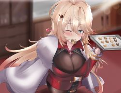 Rule 34 | 1girl, azur lane, blonde hair, blue eyes, blurry, blurry background, bodystocking, breasts, brown gloves, cape, cookie, food, fur trim, gloves, gradient hair, half gloves, heart, highres, holding, holding tray, howe (azur lane), indoors, jacket, large breasts, long hair, looking at viewer, multicolored hair, one eye closed, red jacket, solo, tonchinkan, tray, very long hair, white cape