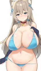 Rule 34 | 1girl, animal ears, bell, blonde hair, blue eyes, blush, breasts, cat ears, cleavage, closed mouth, collarbone, fingerless gloves, gloves, hair ornament, highres, huge breasts, long hair, looking at viewer, metsu end, navel, neck bell, original, simple background, solo, white background