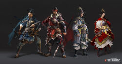 Rule 34 | 1girl, 3boys, absurdres, armor, arrow (projectile), beard, black background, blue cape, boots, bow (weapon), breastplate, cape, chinese armor, chinese clothes, dress, facial hair, feathers, gauntlets, gloves, han dynasty, hand on own hip, hanfu, headband, headdress, helmet, highres, holding, holding polearm, holding weapon, leather, leather armor, leather boots, logo, lulu zhang, multiple boys, official art, polearm, red cape, red dress, romance of the three kingdoms, sash, shoulder armor, single glove, spear, sun ce, sun ren, taishi ci, total war: three kingdoms, turban, weapon, whisk, yellow sash, zhou yu