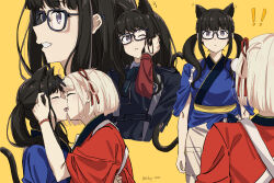 Rule 34 | !, !!, :3, absurdres, animal ears, aqua ribbon, artist name, belt, bespectacled, black hair, blonde hair, blue-framed eyewear, blue belt, blue dress, blue kimono, blush, bob cut, cat ears, cat girl, cat tail, closed eyes, closed mouth, collared shirt, commentary, cropped torso, dress, english commentary, fafayu, french kiss, glasses, grey dress, hair ribbon, hand on another&#039;s cheek, hand on another&#039;s face, highres, inoue takina, japanese clothes, kemonomimi mode, kimono, kiss, long hair, lycoris recoil, lycoris uniform, multiple views, neck ribbon, nishikigi chisato, one eye closed, one side up, open mouth, purple eyes, red bracelet, red kimono, red ribbon, ribbon, shirt, short hair, sidelocks, simple background, smile, tail, twintails, two-tone dress, white shirt, yellow background, yuri