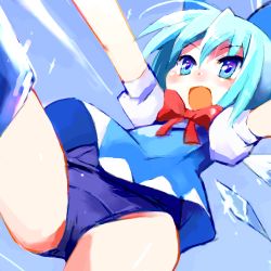 Rule 34 | 1girl, 9law, bad id, bad pixiv id, blue eyes, blue hair, cameltoe, cirno, dress, falling, female focus, lowres, matching hair/eyes, no pants, one-piece swimsuit, outdoors, school swimsuit, sky, solo, swimsuit, swimsuit under clothes, touhou, upskirt