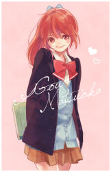Rule 34 | 1girl, black jacket, blue cardigan, bow, brown skirt, cardigan, character name, free!, gemini (kokoma), heart, jacket, long hair, matsuoka gou, open clothes, open jacket, pleated skirt, ponytail, red bow, red eyes, red hair, school uniform, skirt, smile, solo