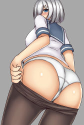 Rule 34 | 10s, 1girl, ass, bad id, bad pixiv id, blue eyes, clothes pull, grey background, hair ornament, hairclip, hamakaze (kancolle), highres, kantai collection, looking at viewer, looking back, looking down, panties, pantyhose, pantyhose pull, school uniform, serafuku, simple background, solo, terakoya, underwear, white panties