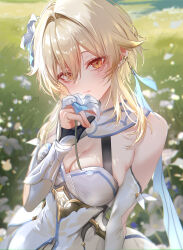 Rule 34 | 1girl, absurdres, bare shoulders, blonde hair, blush, breasts, detached sleeves, dress, feather hair ornament, feathers, flower, genshin impact, gloves, hair between eyes, hair flower, hair ornament, highres, holding, holding flower, looking at viewer, lumine (genshin impact), medium breasts, pottsness, scarf, short hair, short hair with long locks, sidelocks, solo, white dress, white flower, white scarf, yellow eyes
