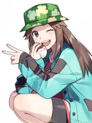 Rule 34 | 1girl, ;d, bad id, bad pixiv id, bike shorts, brown hair, coat, commentary request, creatures (company), eyelashes, fingernails, game freak, grey eyes, hat, holding, holding poke ball, leaf (pokemon), leaf (sygna suit) (pokemon), long hair, long sleeves, looking at viewer, nintendo, official alternate costume, one eye closed, open clothes, open coat, open mouth, poke ball, poke ball (basic), pokemon, pokemon masters ex, smile, solo, squatting, teeth, tongue, ud sari, upper teeth only, v, white background