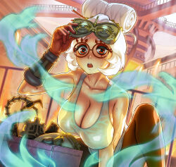 Rule 34 | 1girl, blush, breasts, collarbone, commentary request, eyeshadow, glasses, gloves, goggles, goggles on head, hand on headwear, highres, large breasts, looking at object, makeup, nintendo, open mouth, pants, purah, railing, red-framed eyewear, red eyes, red eyeshadow, red gloves, red pants, round eyewear, saran wrap (sf seijin), shirt, solo, squatting, sweat, tank top, the legend of zelda, the legend of zelda: tears of the kingdom, wet, wet clothes, wet shirt, white hair, white tank top