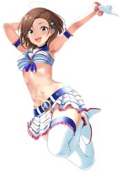 Rule 34 | 10s, 1girl, anchor hair ornament, armpits, bikini, bikini top only, braid, breasts, brown eyes, brown hair, commentary request, earrings, french braid, full body, glint, gloves, hair ornament, highres, idolmaster, idolmaster cinderella girls, jewelry, looking at viewer, midriff, miniskirt, mizuki seira, navel, outstretched arm, saty-rokuji, short hair, simple background, skirt, smile, solo, stomach, striped clothes, striped skirt, swimsuit, thighhighs, underboob, white background, white gloves, white thighhighs