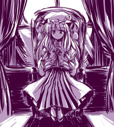 Rule 34 | 1girl, book, bow, chair, crescent, female focus, hair bow, hat, long hair, monochrome, patchouli knowledge, sitting, solo, tooya, touhou, touya (the-moon)