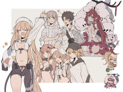 Rule 34 | 2boys, 6+girls, :o, absurdly long hair, absurdres, arm up, artoria caster (fate), artoria caster (swimsuit) (fate), artoria caster (swimsuit) (first ascension) (fate), artoria pendragon (fate), asymmetrical clothes, asymmetrical hair, ball, baobhan sith (fate), baobhan sith (swimsuit pretender) (fate), baobhan sith (swimsuit pretender) (first ascension) (fate), barghest (fate), barghest (swimsuit archer) (fate), baseball cap, beachball, belt, black headwear, black pants, blonde hair, blue eyes, blunt bangs, blush, bokken, breasts, brown hair, cellphone, character request, chibi, cleavage cutout, closed eyes, closed mouth, clothing cutout, cnoc na riabh (fate), cnoc na riabh (swimsuit foreigner) (fate), commentary request, cowboy shot, cropped jacket, demon horns, drawstring, facing viewer, fanny pack, fate/grand order, fate (series), food, frilled skirt, frills, from side, fruit, fujimaru ritsuka (male), fujimaru ritsuka (male) (summer street), gareth (fate), gareth (swimsuit saber) (fate), green eyes, grey eyes, grey hair, hair bun, hand up, hat, high ponytail, highres, holding, holding ball, holding beachball, holding food, holding fruit, holding phone, holding sword, holding weapon, hood, hooded jacket, hoodie, horns, jacket, long hair, long sleeves, looking at viewer, low ponytail, meat, medb (fate), medium breasts, melusine (fate), melusine (swimsuit ruler) (fate), melusine (swimsuit ruler) (first ascension) (fate), meme attire, midriff, multicolored hair, multiple boys, multiple girls, note nii, oberon (fate), one eye closed, open belt, open fly, open mouth, pants, parted bangs, phone, pointy ears, red hair, red skirt, revealing clothes, rolling sleeves up, short hair, sidelocks, sideways glance, single pantsleg, sitting, skirt, sleeves past elbows, sleeves past fingers, sleeves past wrists, sleeves rolled up, small breasts, smartphone, smile, standing, star (symbol), streaked hair, sword, thigh gap, upper body, very long hair, wariza, watermelon, weapon, white headwear, white hoodie, white jacket, wide sleeves, wooden sword