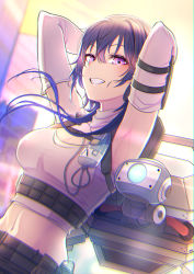 Rule 34 | 1girl, absurdres, apex legends, arm behind head, belt, black belt, black hair, blue eyes, blue hair, breasts, colored tips, cosplay, d.o.c. health drone, detached sleeves, dutch angle, grey tank top, hair between eyes, highres, ichinose uruha, kiiro (cocoa080), lifeline (apex legends), lifeline (apex legends) (cosplay), looking at viewer, lupinus virtual games, medium breasts, medium hair, midriff, multicolored hair, navel, non-humanoid robot, one-eyed, parted lips, robot, smile, solo, tank top, virtual youtuber, vspo!