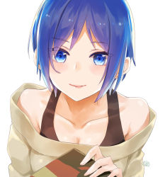 Rule 34 | 1girl, blue eyes, blue hair, box, breasts, cleavage, collarbone, grey sweater, highres, holding, holding box, momoyama hinase, no eyewear, off-shoulder sweater, off shoulder, parted lips, rinoda mano, school girl strikers, short hair, simple background, small breasts, smile, solo, sweater, upper body, white background