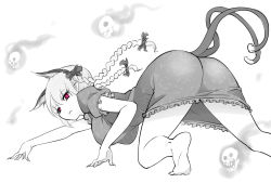 Rule 34 | 1girl, all fours, animal ears, ass, barefoot, braid, breasts, cat ears, cat girl, cat tail, dress, extra ears, fang, female focus, fingernails, floating skull, frilled dress, frills, greyscale, hanging breasts, kaenbyou rin, large breasts, legs, looking at viewer, looking back, monochrome, multiple tails, nekomata, pointy ears, purple hair, raptor7, sharp fingernails, short dress, short hair, soles, solo, spot color, tail, thighs, toes, touhou, twin braids, twintails, two tails