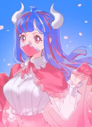 Rule 34 | 1girl, arm up, blue hair, cape, collared cape, falling petals, frilled cape, horns, long hair, looking at viewer, mask, mouth mask, one piece, petals, pink cape, pink eyes, pink mask, pink ribbon, raine (acke2445), ribbon, shirt, striped hair, ulti (one piece), upper body, white shirt