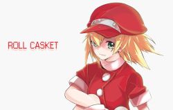 Rule 34 | 1girl, blonde hair, breasts, cabbie hat, character name, closed mouth, green eyes, hat, jacket, long hair, looking at viewer, mega man (series), mega man legends (series), red hat, roll caskett (mega man), simple background, smile, solo, white background