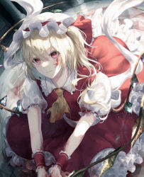 Rule 34 | 1girl, absurdres, ascot, blonde hair, blood, blood on clothes, blood on face, blood on hands, closed mouth, collared shirt, commentary, crystal, flandre scarlet, frilled shirt collar, frilled skirt, frills, hair between eyes, hair ribbon, hat, highres, indoors, long hair, looking at viewer, mob cap, one side up, pillar, puffy short sleeves, puffy sleeves, red eyes, red ribbon, red skirt, red vest, reflection, ribbon, shirt, short sleeves, skirt, skirt set, smile, solo, toku kekakewanko, touhou, vest, white hat, white ribbon, white shirt, wings, wrist cuffs, yellow ascot