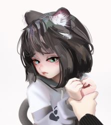 Rule 34 | 1girl, absurdres, animal ear fluff, animal ears, blush, bob cut, brown hair, cat ears, cat girl, cat tail, closed mouth, co ti (sweetonedollar), green eyes, highres, holding another&#039;s wrist, hood, hood down, hoodie, long sleeves, looking at viewer, medium hair, original, own hands together, pov, pov hands, restrained, simple background, solo focus, sweetonedollar, tail, upper body, white background, white hoodie