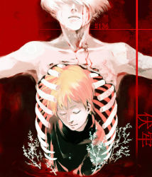 Rule 34 | 2boys, blonde hair, blood, blood on face, bloody tears, closed eyes, closed mouth, collarbone, commentary, facing down, guro, highres, kaneki ken, koujima shikasa, male focus, multicolored background, multiple boys, nagachika hideyoshi, numbered, outstretched arms, plant, red background, ribs, short hair, teardrop, tears, tokyo ghoul, translation request