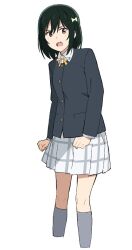 Rule 34 | 1girl, black hair, black jacket, blush, clenched hands, collared shirt, commentary, commentary request, cropped legs, fang, grey socks, hair ribbon, jacket, long sleeves, looking at viewer, love live!, love live! nijigasaki high school idol club, mifune shioriko, neck ribbon, nijigasaki school uniform, open mouth, plaid, plaid skirt, pleated skirt, red eyes, ribbon, school uniform, shirt, short hair, skabetty1997, skirt, socks, solo, white background, white shirt, white skirt, winter uniform, yellow ribbon