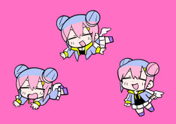 Rule 34 | 1girl, angel wings, black shirt, blush stickers, chibi, closed eyes, commentary request, double bun, hair bun, hair ornament, hairclip, indie utaite, jacket, long sleeves, lying, miniskirt, multiple views, nanawo akari, no shoes, on stomach, open mouth, pink background, pink hair, pleated skirt, purple jacket, purple sleeves, purple socks, shirt, short hair, simple background, skirt, smile, socks, terada tera, utaite, v-shaped eyebrows, wavy mouth, white skirt, white wings, wings