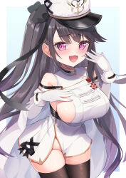 Rule 34 | 1girl, :d, anchor print, azur lane, bare shoulders, black ribbon, breasts, brown hair, detached sleeves, dress, gloves, groin, hair ribbon, hand on own chest, hand to own mouth, hands up, hat, highres, humo, large breasts, leaning forward, long hair, looking at viewer, no bra, no panties, open mouth, pamiat merkuria (azur lane), pink eyes, purple eyes, retrofit (azur lane), ribbon, side ponytail, sideboob, skindentation, smile, smug, solo, thighhighs, thighs, very long hair, white dress, white gloves