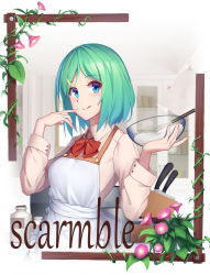 Rule 34 | 1girl, :q, absurdres, apron, arnold-s, blue eyes, bow, bowl, bowtie, cleaver, flower, green hair, hair ornament, hairclip, highres, holding, holding bowl, kitchen, looking at viewer, mixing bowl, morning glory, original, red bow, red bowtie, short hair, solo, tongue, tongue out, upper body, whisk