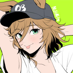 Rule 34 | 1girl, alternate costume, animal ears, armpits, arms up, artist name, baseball cap, black hat, blush, brown hair, closed mouth, commentary request, ears through headwear, green background, green eyes, hair between eyes, hat, horse ears, horse girl, looking at viewer, mr. c.b. (umamusume), mukakin, portrait, smile, solo, tongue, tongue out, umamusume