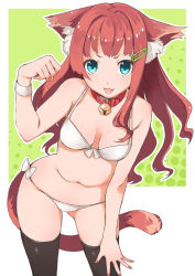 Rule 34 | 1girl, :3, :d, animal ears, bell, bent over, bikini, blue eyes, breasts, brown hair, cat ears, cat tail, cleavage, collar, doushimasho, hair ornament, hairclip, long hair, looking at viewer, navel, neck bell, open mouth, original, paw pose, small breasts, smile, solo, swimsuit, tail, thighhighs, white bikini