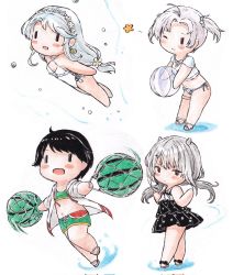 Rule 34 | 4girls, asymmetrical bangs, ball, beachball, bikini, black hair, casual one-piece swimsuit, chibi, commentary request, corrupted twitter file, flower, food, frilled one-piece swimsuit, frilled swimsuit, frills, fruit, green bikini, green shorts, grey hair, hair flower, hair ornament, hairband, highres, i-201 (kancolle), jacket, kantai collection, kinugasa (kancolle), leaning forward, long hair, low twintails, mogami (kancolle), mogami kai ni (kancolle), multiple girls, official alternate costume, one-piece swimsuit, open clothes, open jacket, poipoi purin, polka dot, polka dot swimsuit, sagiri (kancolle), shawl, shirt, short hair, short twintails, shorts, side-tie bikini bottom, side-tie swimsuit, swept bangs, swimming, swimsuit, twintails, underwater, watermelon, white jacket, white one-piece swimsuit, white shawl, white shirt, | |